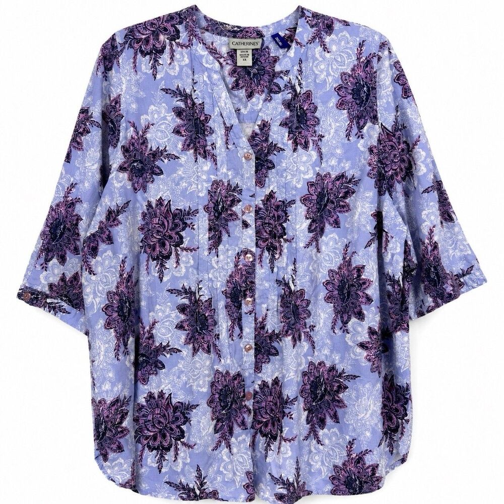 Catherines Womens 2XP Purple Floral Paisley Button Front Tunic Plus Petite Boho